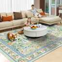 Washable Area Rug 5'7' Green Large Living Room Rug Dirty Pink Blue Floral Non-Slip Soft Boho Colorful Oriental Vintage Bedroom Carpet Dining Room Nursery Home Office Indoor Decor