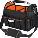 12 Inch Electrician Tool Tote Bag, 1680D Ballistic Polyester 34 Pockets Open Top Foldable Tool Bags with detachable divider, Tool Tote with Stainless Steel Handle & Padded Shoulder Strap (Black & Orange)