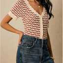 SweatyRocks Women's V Neck Striped Button Down Cardigan Casual Short Sleeve Crochet Sweater (S)