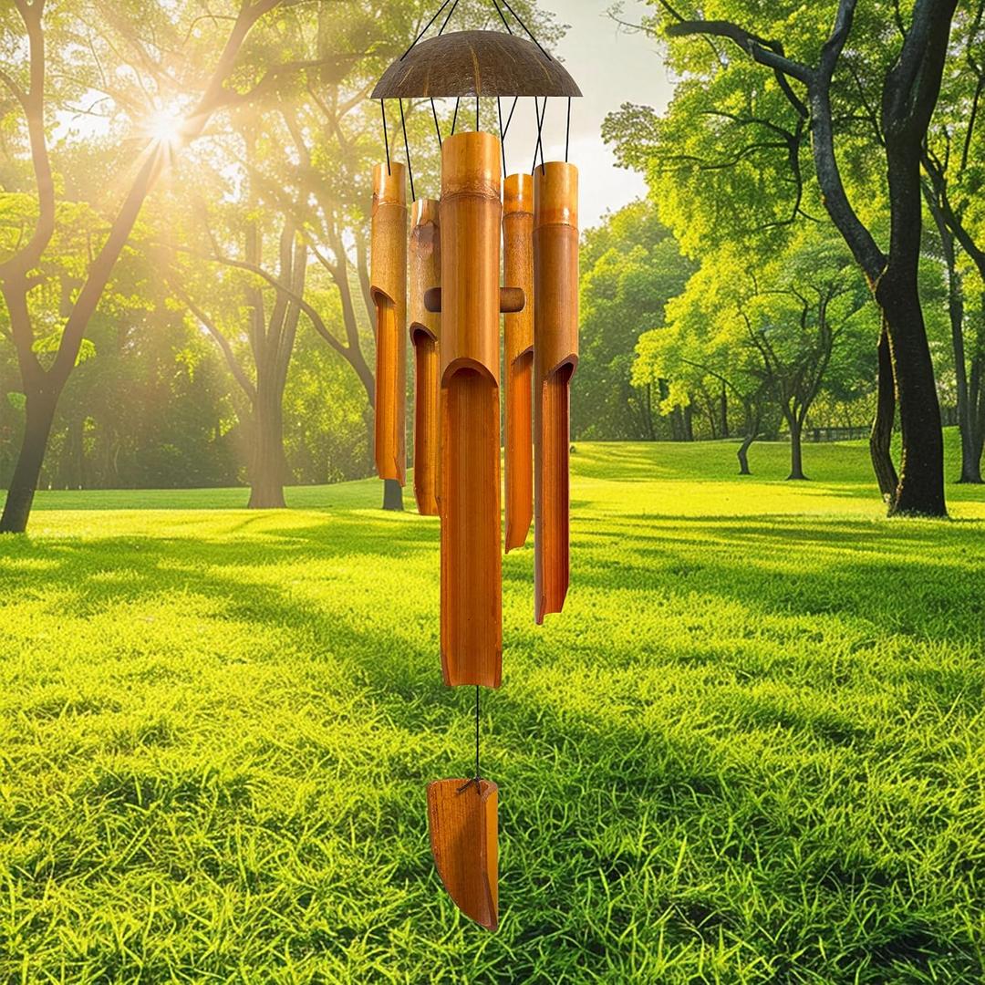 Nowpis Bamboo Wind Chimes 28" 5 Pipes, Handcrafted Mini Wooden Wind Chime Bring a Unique and Soothing Melody, Create a Zen Atmosphere for Outdoor Indoor Decor, for Sympathy, Memorial (28''-Brown Coconut top)