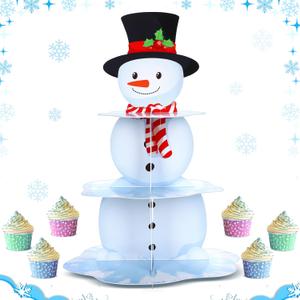 3 x Zopeal 3 Tier Winter Cupcake Stand Snowman Cake Holder Cardboard Xmas Cupcake Holder Snowflake Round Shape Cake Stand for Winter Frozen Holiday New Year Wedding Birthday Party Supplies