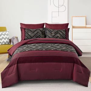 Luxudecor Burgundy Comforter Set King Size 7 Pieces Red and Black Stripe Bed in a Bag Geometric Comforter and Sheet Set, Soft Microfiber Complete Bedding Sets for All Seasons
