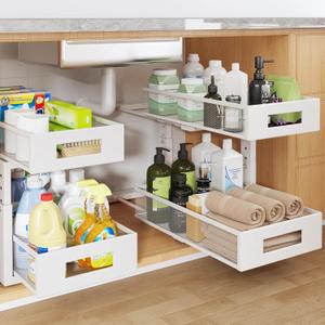 2 Packs 17IN Depth Under Sink Organizer, 2-Tier Pull Out Cabinet Organizer With Smooth Circular Rail, Large Capacity Metal Mesh Sliding Drawers For Bathroom& Kitchen Storage,Height Adjustable White