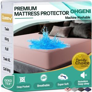 OhGeni 100% Waterproof Mattress Protector, Queen Size Pink, Fitted Sheet with Deep Pockets, 6''-18'', Premium Noiseless Breathable Soft Material, Mattresses Cover for Bed