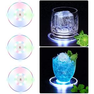 3 PCS Colorful LED Cocktail Coaster, Round Ultra-Thin LED Drink Coaster Luminous Coaster, 3.9-inch Non-Slip & Waterproof Transparent Beer Beverage Coasters for Club, Bar, Party Wedding Halloween
