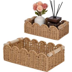 CubesLand Paper Rope Scalloped Edge Decor Baskets for Home, Living Room, Bedroom, Toilet Basket for Over Toilet Storage Shelf, End Table, Shelves and More, Both Storage&Decor, Set 2 Neutral
