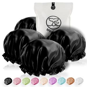 WhaleLife Shower Cap - Black Double-Layer Waterproof Reusable Satin-Lined for Women Men | Fits Thick Hair | Home Spa Travel 4 Pack