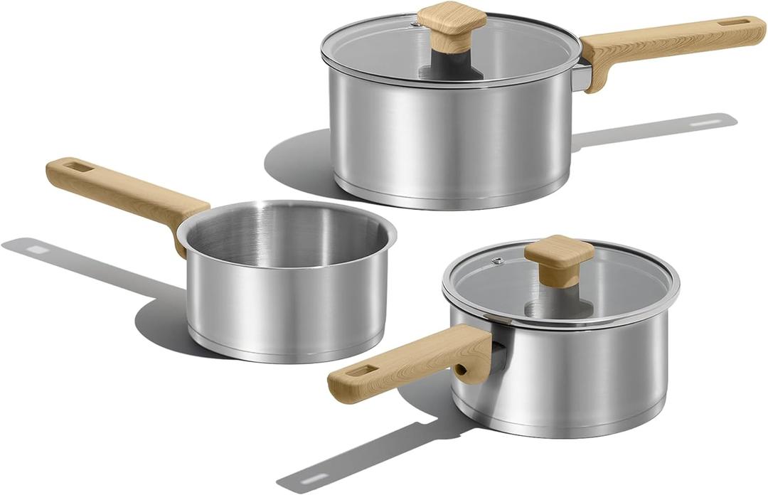 CAROTE 1.6QT & 3QT Sainless Steel Saucepan with Lids and 1QT Saucepan without Lid Pot Set,3-ply Base, Non-Toxic, Induction Cookware Set, Small Kitchen Pots, Tempered Glass Lids