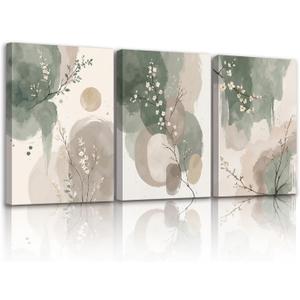 Framed canvas floral wall art neutral colors hazy feel botanical print poster gallery style painting print for living room bedroom bathroom office 16x24 inch 3-piece set.