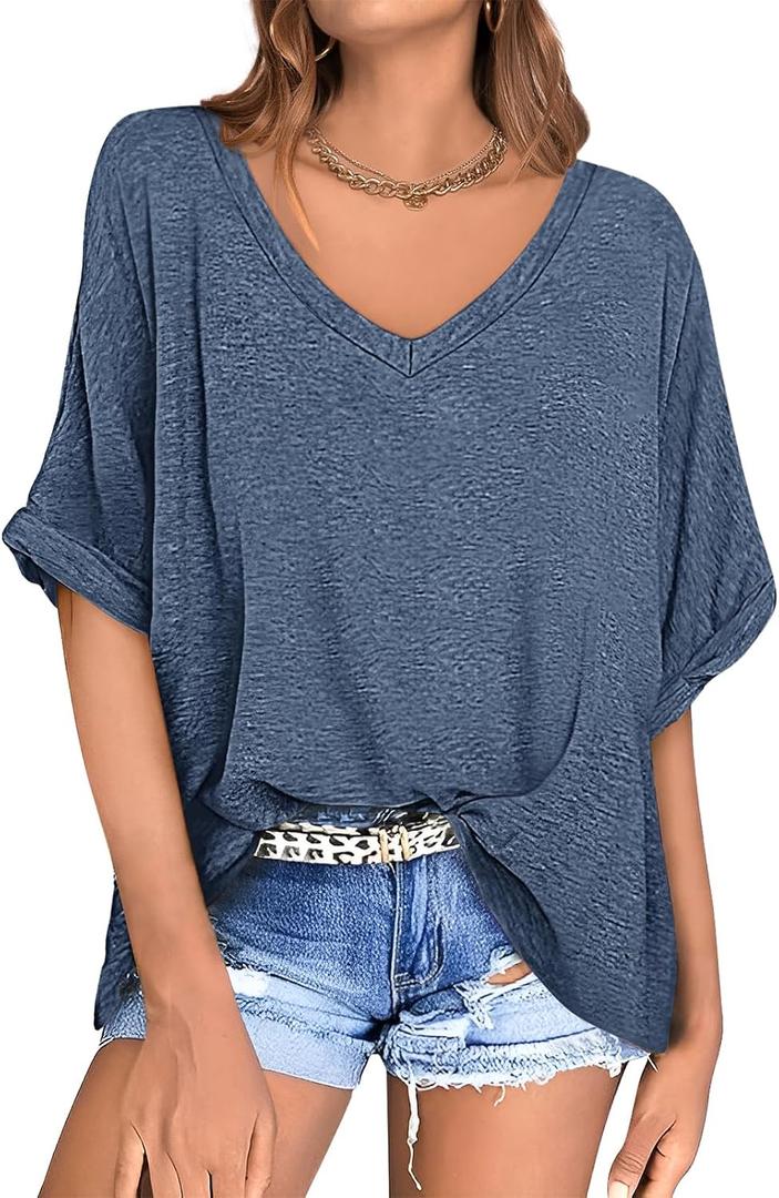 UEU Womens Oversized T-Shirts Summer V Neck Casual Shirts Short Sleeve Workout Tunic Tops (Blue, S)