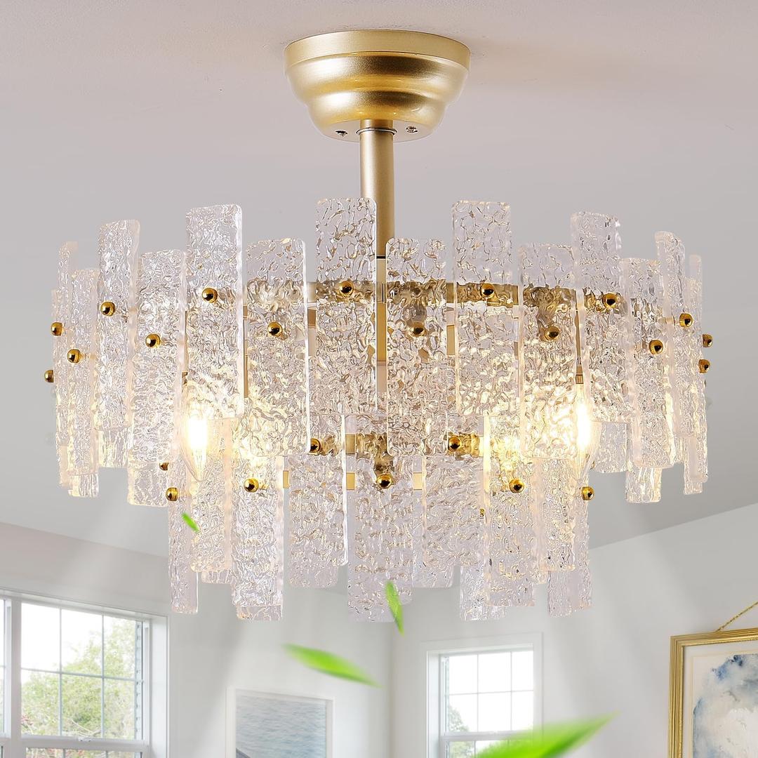 20" Gold Fandelier Ceiling Fan with Light,Gold Crystal Chandelier Ceiling Fans with Lights and Remote Control,Mid-Century Modern Caged with 6 Speeds for Living Room Bedroom Nursery