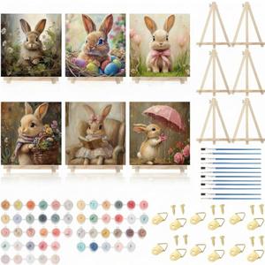 YooNotee 6 Pack Easter Paint by Numbers Kit Canvas with Wooden Easels & Brushes, 8 x 8 inches Easter Canvas Set for Adults Easy Acrylic Paint Kit Beginner for Rabbit Home Decor