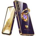 for Samsung Galaxy S22 5G Case, 360° Rotatable Ring Holder [Luxury Hearts Pattern] Plating Gold Edge Slim Soft Phone Cover Case for Galaxy S22 - Purple