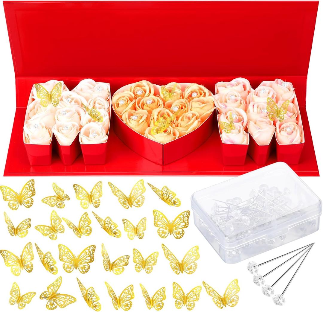 Cholemy Mother's Day MOM Empty Flower Gift Box Letter Shaped Fillable MOM Gift Box with Plastic Liners 24 Gold Butterfly Decor 50 Bouquet Flower Pins DIY Craft Gift Set for Valentine Birthday (Red)