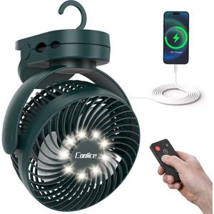 Camping Fan with Remote Control - 12000mAh Rechargeable Battery Powered Fan, Camping Fans for Tents with LED light & Hanging Hook, Rechargeable Battery Operated Ceiling Fans for Tent RV Bed, Green