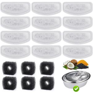 12 Pack Replacement Filters for D60 100oz/3L Automatic Pet Fountain, ZEKIRY Carbon Cat Fountain Filters, Triple Filtration Pet Water Dispenser Filter Replacement(6Pcs Pump Sponges)