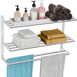 Bathroom Towel Rack 24", 3 Tier Towel Racks for Bathroom Wall Mounted, Bathroom Shelf with Double Towel Bar, Stainless Steel Towel Storage for Bathroom Lavatory Towel Holder Hanger, Brushed Nickel