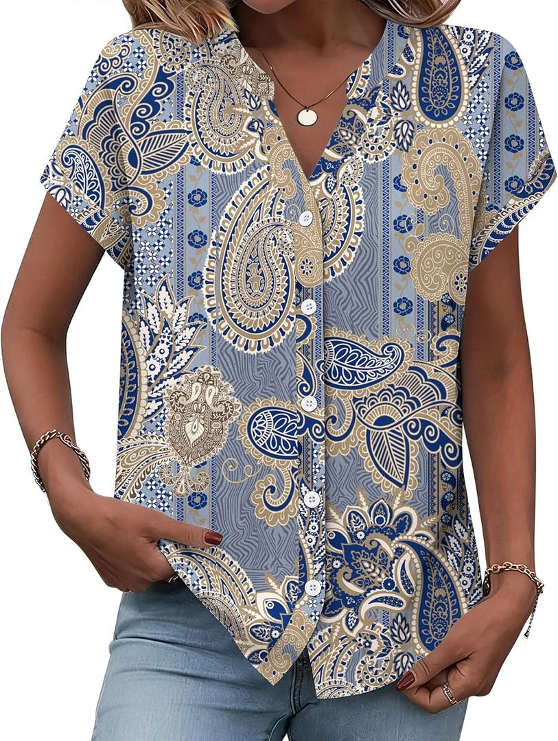 Zeagoo Button Down Shirts for Women Short Sleeve Tops V Neck Collar Blouses Business Casual Outfits S-2XL (L)