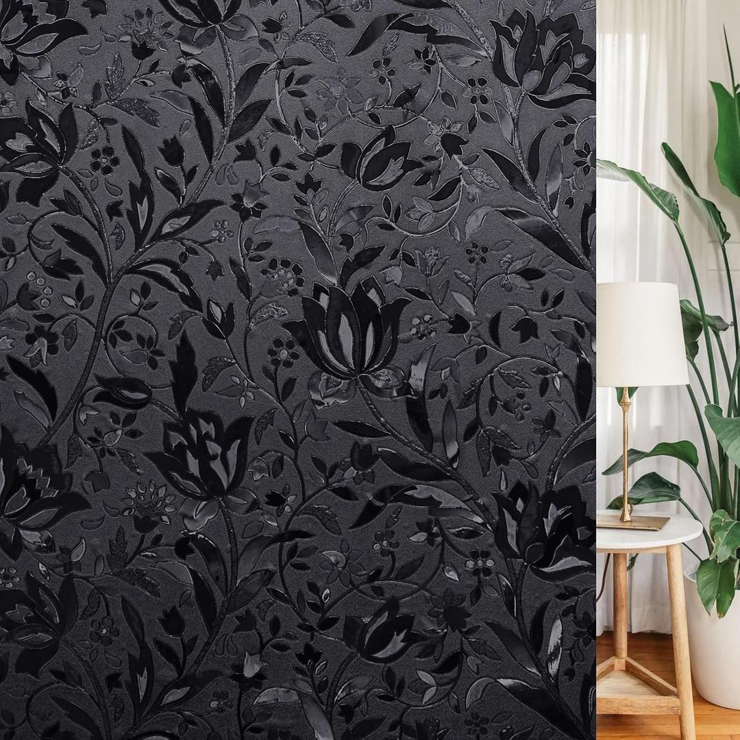 LEMON CLOUD Total Blackout Window Film Privacy Static Cling Frosted Black Window Covering 100% Opaque Film Tint Darkening Removable Film for High Privacy(Blackout Tulip Design,17.5 x118.1 inches)