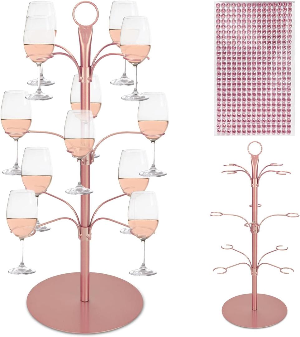 Goldmeet 3 Tier Cocktail Tree Stand, Champagne Tower with 12 Holders, Metal Glasses Holder with Crystal Stickers for Cocktails Martini Wine, Drink Display Tree for Home Bar Wedding Party