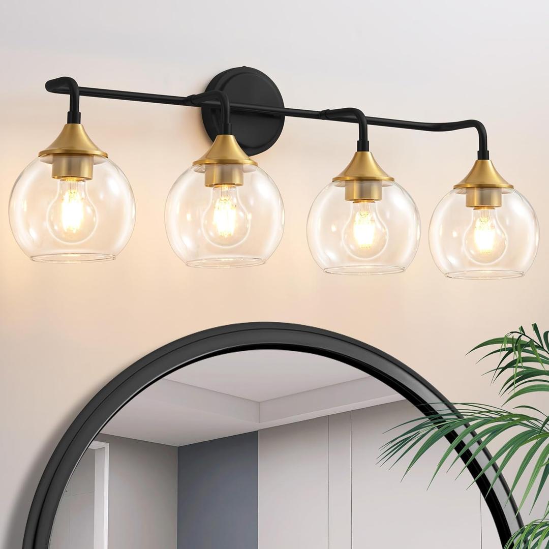 Vanity Light with Clear Glass Shade, E26 Base, 31 Inch Light Fixtures Over Mirror for Bathroom (Exclude E26 Bulb) - Black and Gold, 4-Lights
