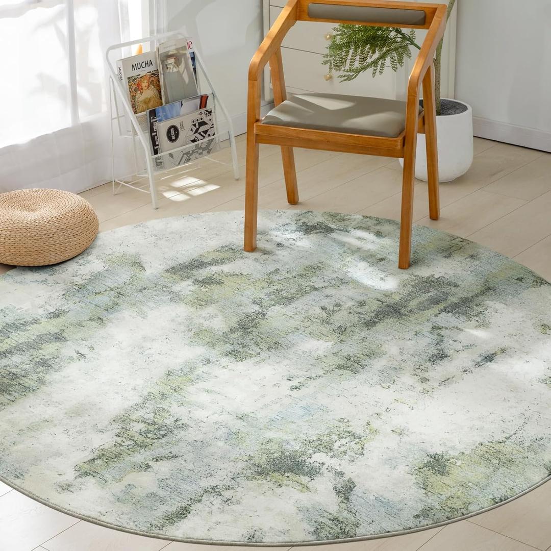 Asrug Round Rug 5ft, Abstract Round Area Rug Non-Slip Machine Washable Circle Rugs for Living Kitchen Bedroom Nursery Entryway Playroom, Modern Soft Throw Floor Kids Carpet Low Pile, Green