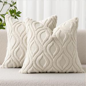 MIULEE Beige Throw Pillow Covers 18x18 Inch, Neutral Soft Plush Faux Wool Solid Couch Pillows Set of 2, Decorative Farmhouse Boho Cushion Covers for Sofa Living Room Bed Home Decor