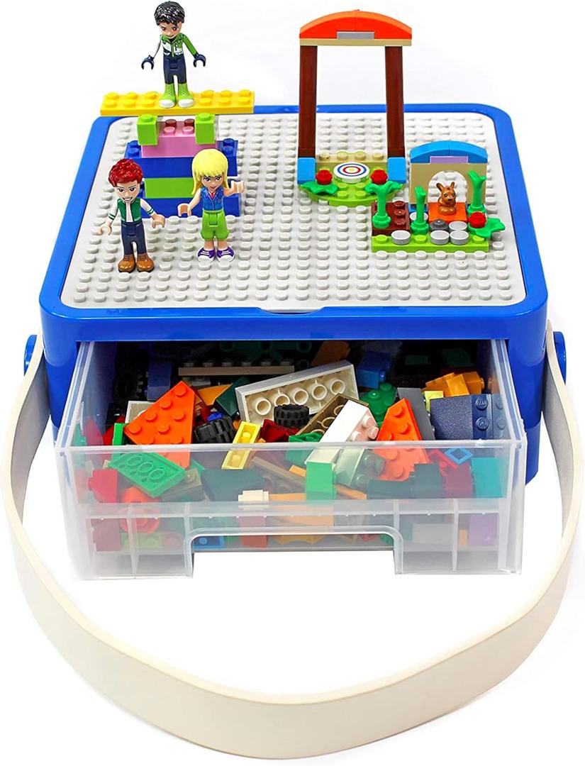 Bins & Things Storage Bin Organizer Box - Toy Storage Case for Building Blocks, Small Dolls and Accessories - Kids Toy Suitcase with Baseplate Lid - Mess-Free Organizer for Travel and Playroom (Blue_white)