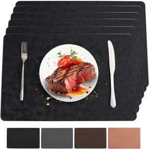 Bxzandya Vinyl Placemats Set of 6 Heat Resistant Easy Clean Non-Slip Place Mats for Dining Table Faux Leather Waterproof Stain Resistant Wipeable Washable PVC Table Mats (6, Black)