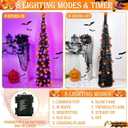 [Timer& Pumpkin] 6 Ft Black Tinsel Halloween Tree with 60 LED Orange Purple Lights, Pop Up Artificial Pencil Tree with Lantern Topper & 15 Jack-O Pumpkin Balls Ornaments for Halloween Decor Indoor