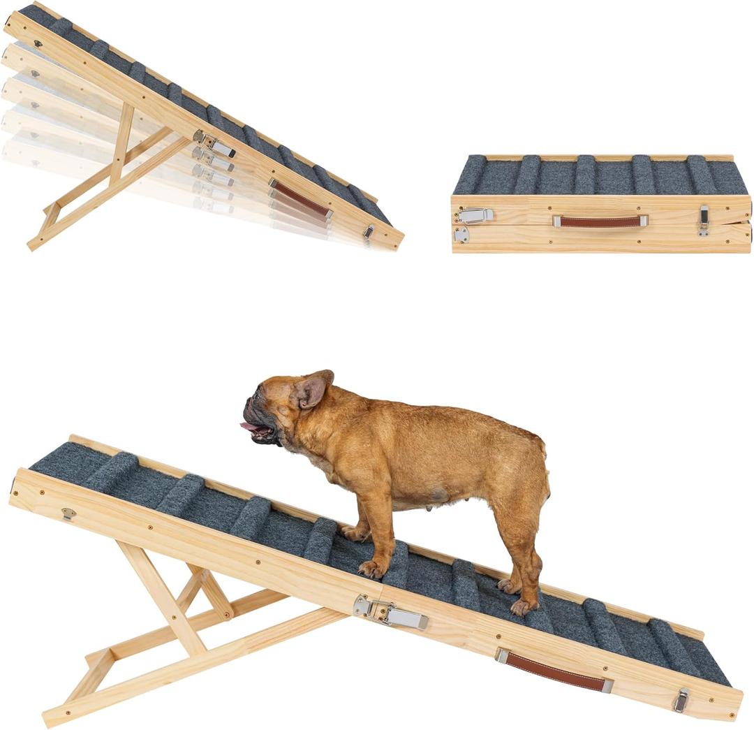 Clikuutory 2025 Upgraded Dog Ramp for Couch, 47.2" Foldable Small Dog Ramp for Bed, 4 Adjustable Height from 14" to 26", Portable Stable Pet Steps with Anti-Slip Carpet for Low Bed Couch Stairs, Wood