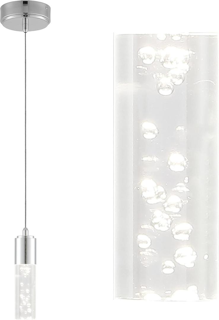 JONATHAN Y 4.75" Chrome Modern Integrated LED Pendant Light for Kitchen Island, Bubble Acrylic Cylinder Shade, Adjustable Hanging Ceiling Fixture for Dining Room, 4000K JYL7221A