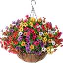 HyeFlora Artificial Faux Hanging Plants Flowers Basket for Summer Outdoor Outside Decoration, Fake Silk UV Sun Resistant Look Real Colorful Daisy Eucalyptus for Porch Home Patio Balcony Yard