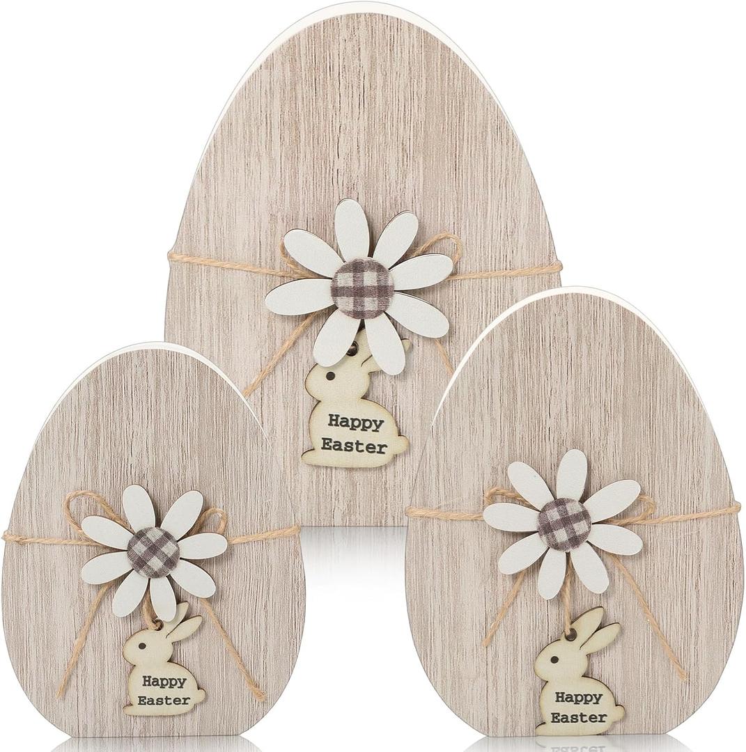 Threan 3 Pcs Easter Table Decoration Easter Egg Table Wooden Signs Spring Egg Wood Tabletop Centerpiece Decorations for Home Dining Room Party Office Decor