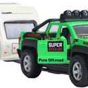 Pickup Truck Trailer Towing Toy Camper 2 in 1 Playset RV Motorhome Toys for Boys Diecast Model Car Metal Pull Back Toy Cars 1/36 Scale SUV Doors Open Light Sound Kids Birthday Gifts, Green