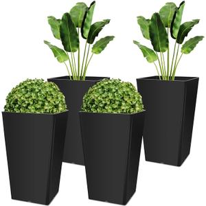 Yungyan Set of 4 Tall Outdoor Planters 15.8 Inches Tall Front Porch Planters Heavy Duty Flower Pot No Baskets Self Watering for Outdoor & Indoor (Black)