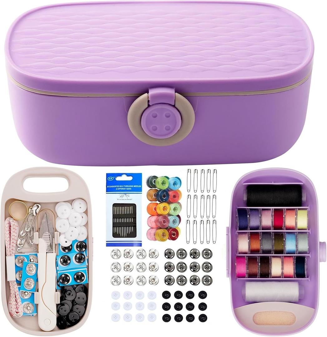 WANSHUNLMI Sewing Project Kit, 140 Pcs Travel Family Sewing Supplies Repair Kit Portable Small Traveler Sewing Kit Sewing Thread Accessories DIY Sewing Supplies Organizer (PP Sewing Kit) (Purple Sewing Kit)