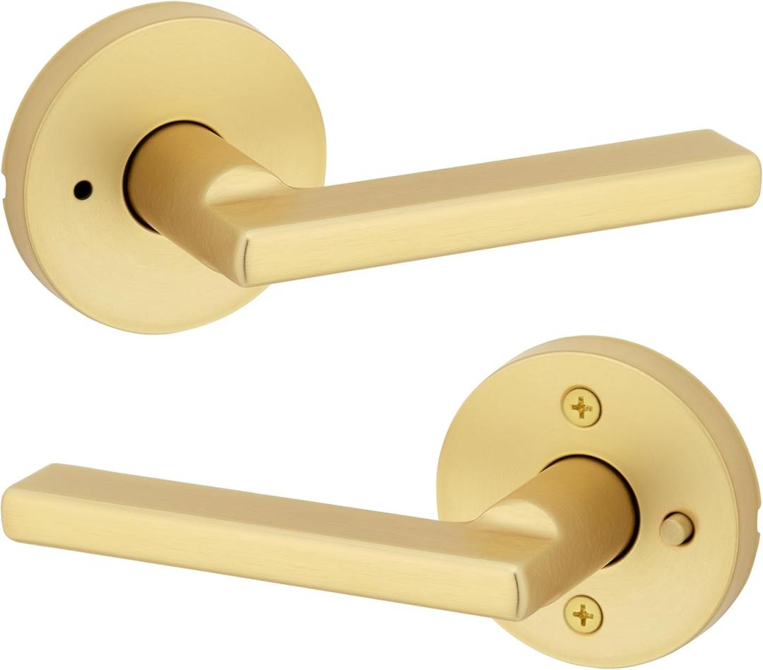 Kwikset Halifax Interior Privacy Door Handle with Lock, Door Lever for Bathroom and Bedroom, Satin Brass Reversible Keyless Push Button Lock Door Lever, with Microban Protection (Round)