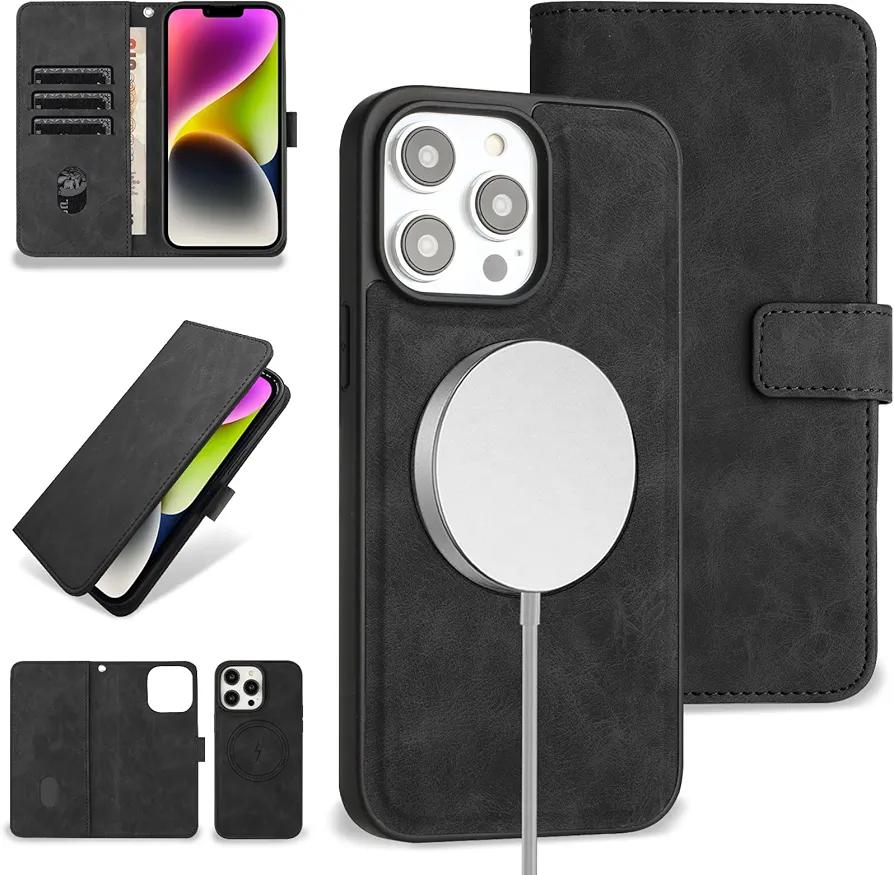 MGQILING Compatible with iPhone 13 Pro Max Wallet Case with Card Holder, Luxury Leather Case with Magnetic Detachable Phone case for Women Men, Durable Shockproof Protective Cover - Black