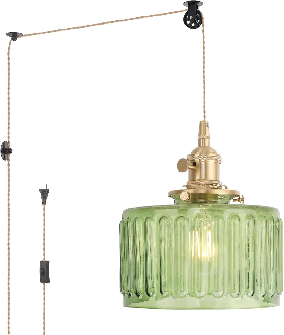 Plug in Pendant Light Hanging Light Fixture Corded On/Off Switch Brass Pendant Light with Green Striped Glass Lampshade for Bedroom Living Room Kitchen Island (Plugin 1 pack)