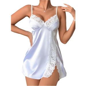 Women's Lace Satin Babydoll Lingerie Bowknot Spaghetti Strap Split Chemise Nightgowns Sleep Dress (White, S)