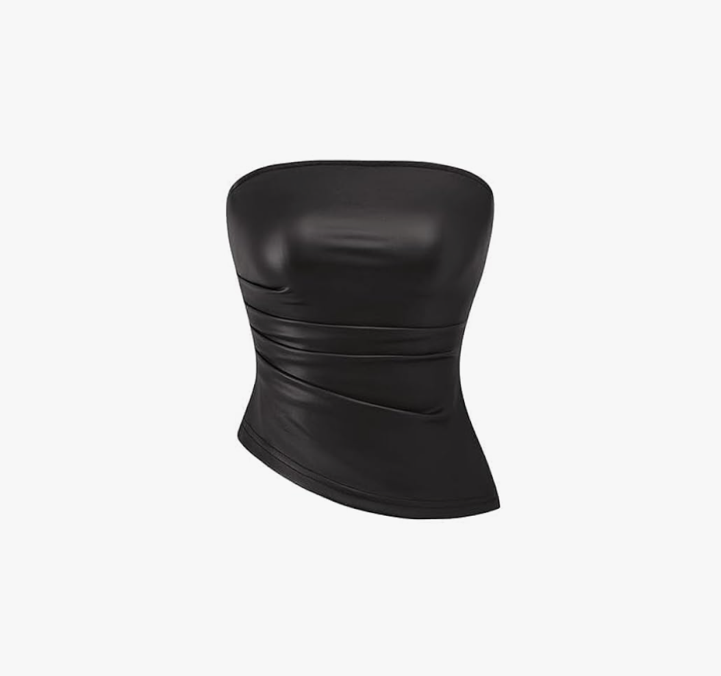 PRETTYGARDEN Women's Faux Leather Tube Tops 2025 Summer Strapless Asymmetrical Ruched Bandeau Shirts Going Out Club Outfits S