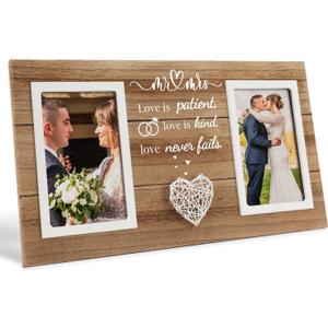 Wedding Gifts, Bridal Shower Gifts for Bride to Be, Wedding Picture Frame for Couple - Double 4x6 Pictures Frame - Wooden Couples Newlyweds Picture Frame with Heart (Mr Mrs)