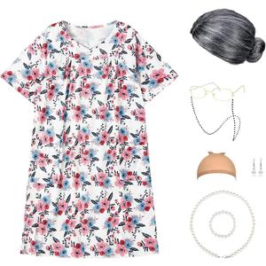 Old Lady Costume Set with Old Lady Wig Granny Dress Old Lady Glasses Grandma Dress Up Outfit