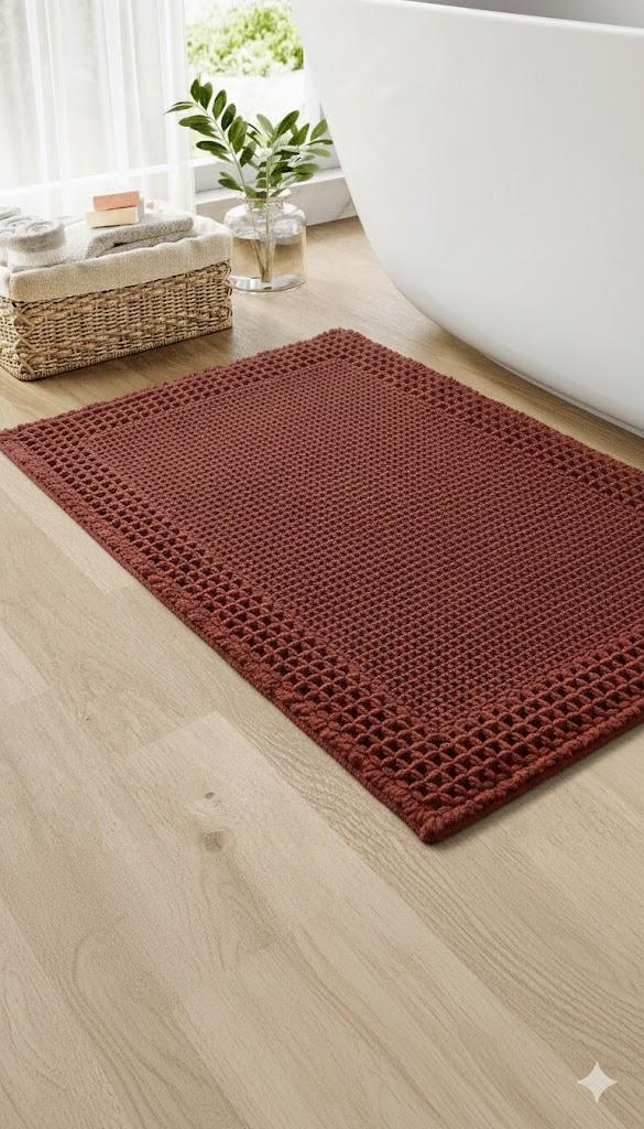 RESARE Waffle Bath Mat for Bathroom, Super Absorbent Bathroom Rugs Non Slip Machine Washable, Ultra Soft Quick Dry Boho Bath Rugs with Tassels for Floor, Upgraded Bordered Design, 18"x30" Wine Red (1'6" x 2'6" (Rectangular))