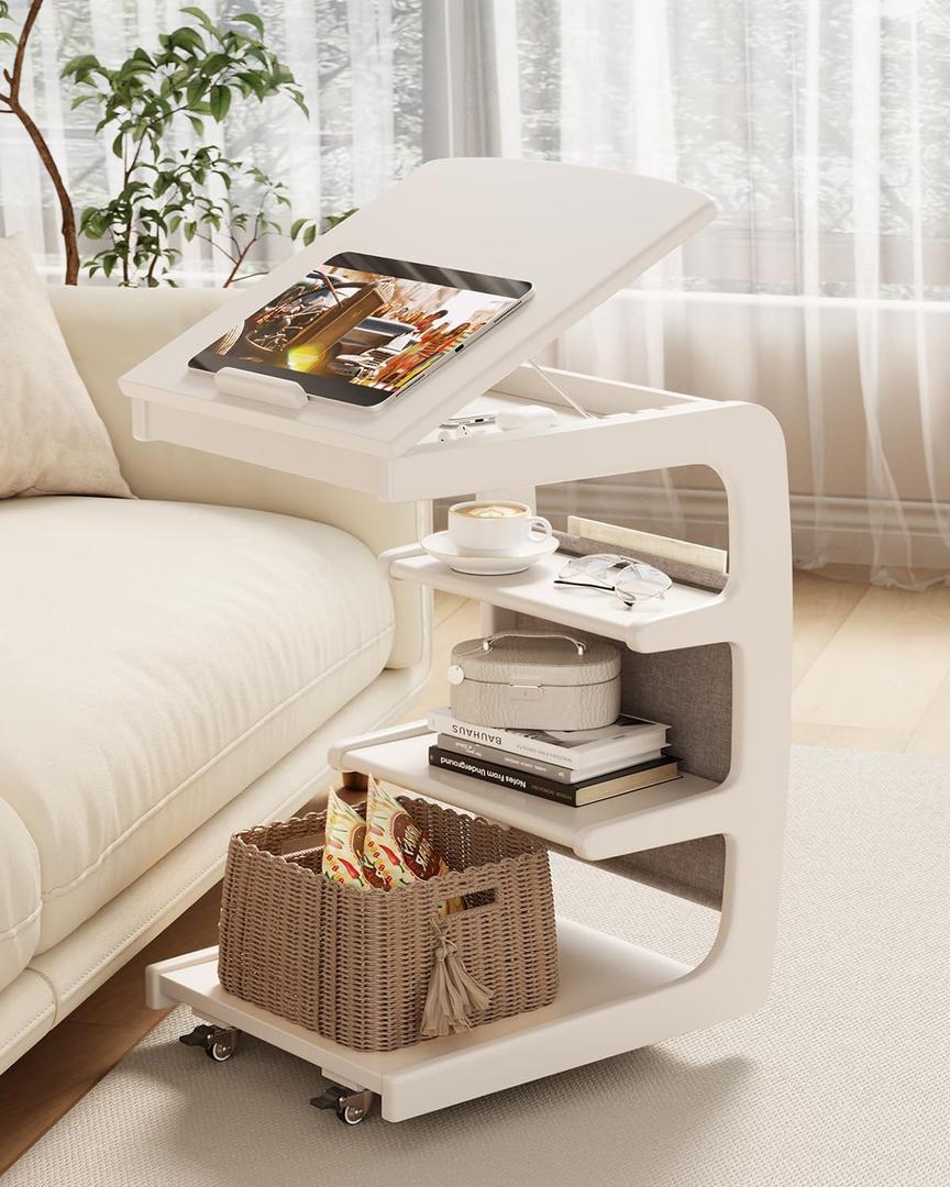 AQIMUELE Wooden C-Shaped End Table,Couch Desk with 2 Lockable Wheels,4-Tier Couch Table with Storage Bag,Small Rolling Side Table Tv Trays for Couch, Living Room,Bedroom (White) (15.6"D x 15.7"W x 24.8"H)