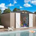 IRONCK 10x12FT Outdoor Storage Shed, Metal Garden Tool Shed with Breathable Vent and Lockable Doors, Outside Storage for Backyard, Poolside, Patio, Brown