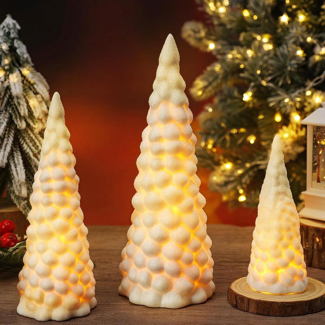 Set of 3 White Ceramic Christmas Trees That Light up Glitter LED Small Christmas Tree Porcelain Tabletop Light up Xmas Figurines Modern Decor Battery Operated for Home Indoor Xmas Gift Party