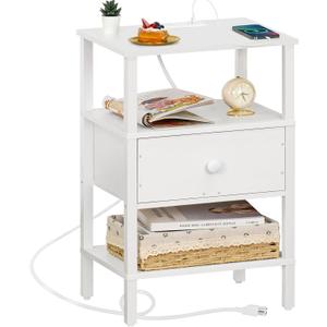 Lerliuo Nightstand with Charging Station and USB Ports, 3-Tier Storage End Table with Drawer Shelf, Night Stand for Small Spaces, Wood Bedside Table for Living Room, Bedroom - Elegant White (set 1)