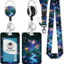Piefly Lanyards for Id Badges, Fireflies Forest Badge Holder with Retractable Reel Belt Clip, Purple Work Name Tag Lanyard Vertical ID Card Protector Case for Women Nurse Doctor Teacher Student